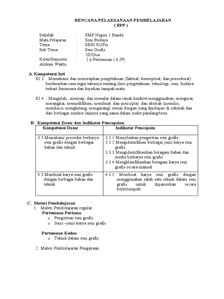 RPP Seni Grafis Kelas IX SMP | PDF | Seni & Disiplin Bahasa | Seni