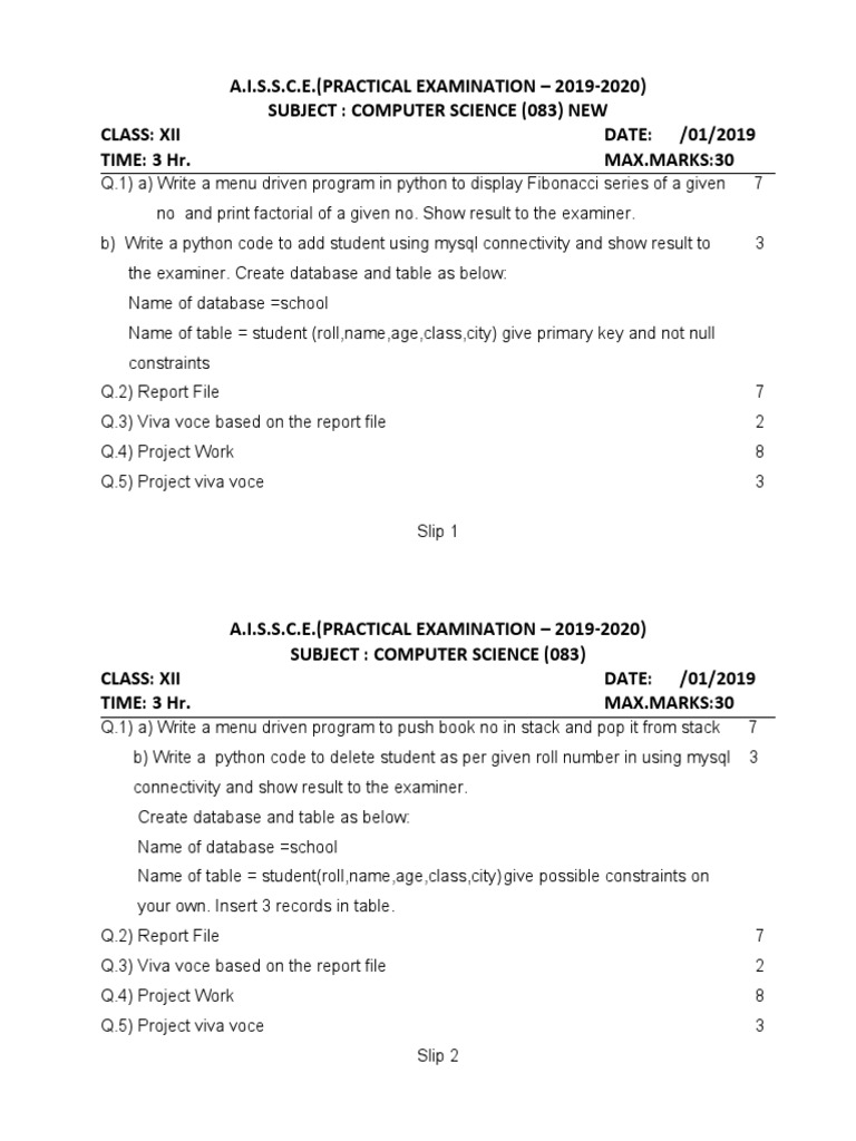 Computer Science Practical Exam 2019-20 | PDF | Databases | Computing