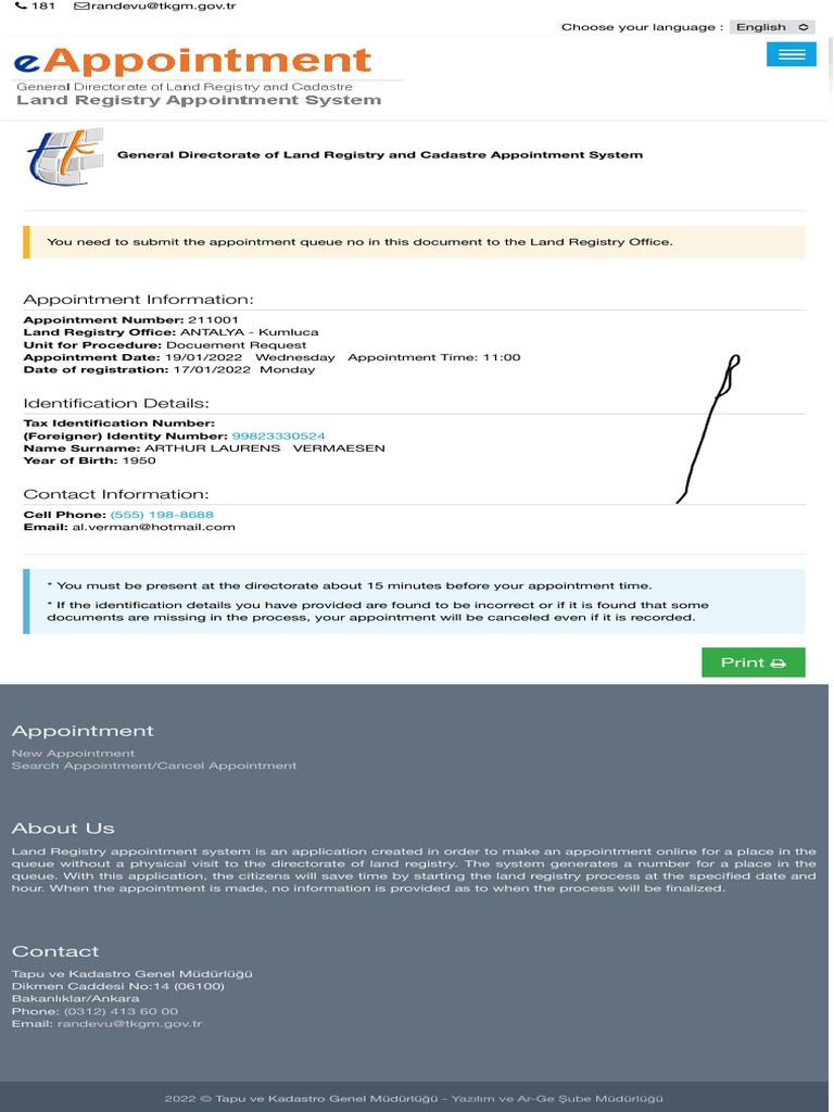 Tapu Ve Kadastro Genel Müdürlüğü Tapu Randevu Sistemi Randevu Sonuç PDF