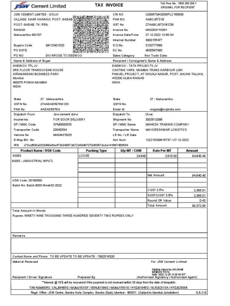 JSW GGBS Tax Invoice Details | PDF | Payments | Trade