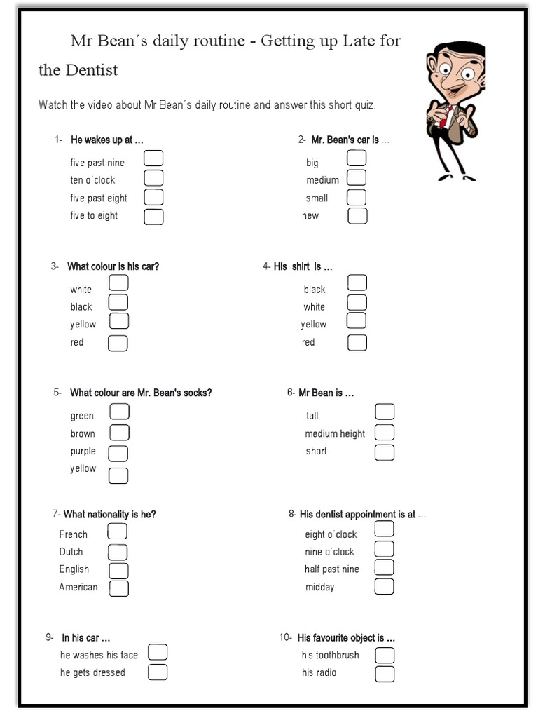 Mr Bean's Morning Routine Quiz | PDF