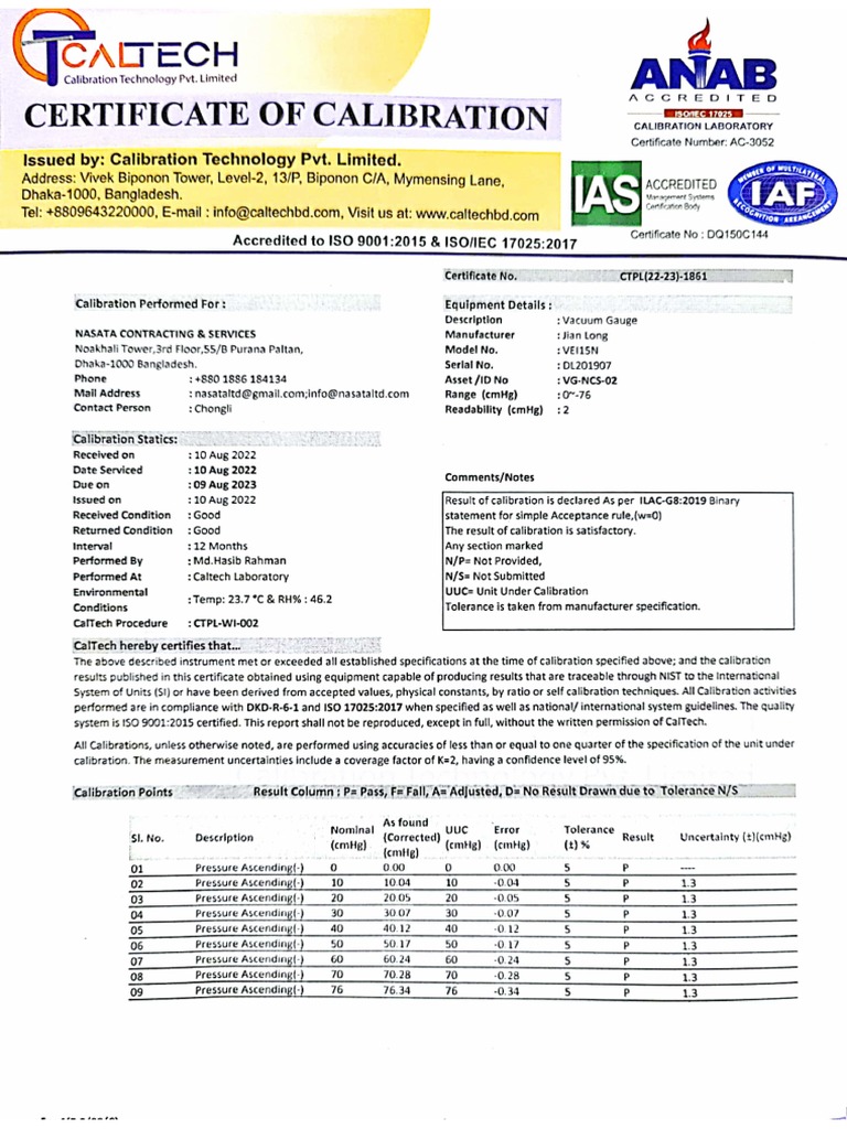 VG Calibration Certificate PDF