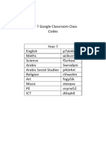 Year 7 Google Classroom Class Codes