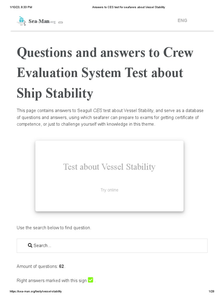Answers To CES Test For Seafarers About Vessel Stability | PDF ...