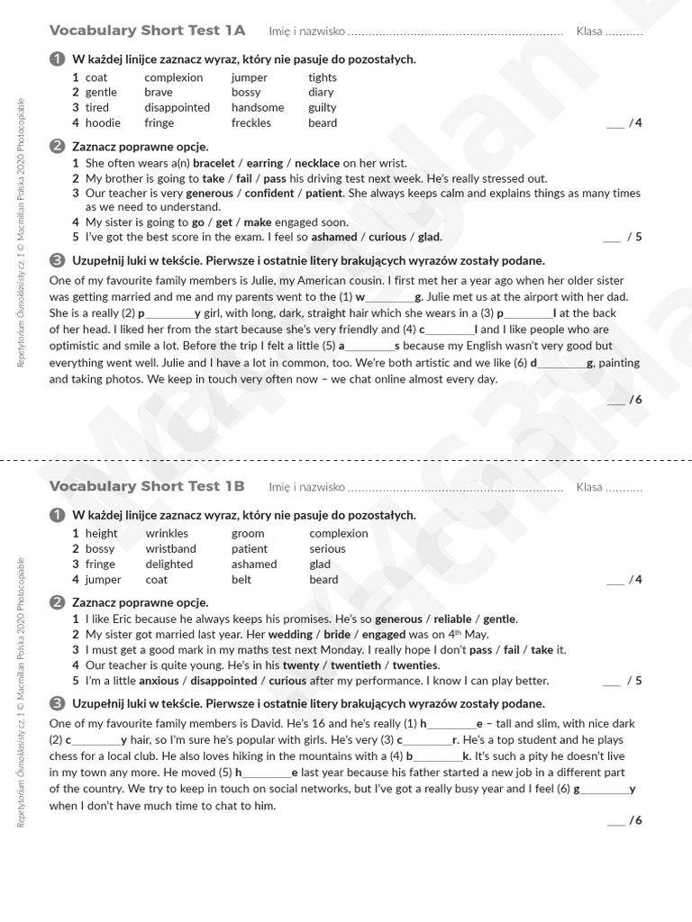 Vocabulary Short Test Unit 1 | PDF