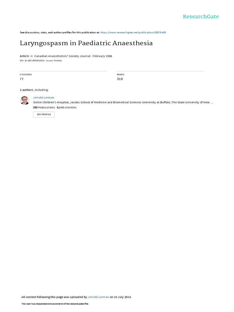 Laryngospasm in Pediatric Anesthesia A Review of Its Etiology