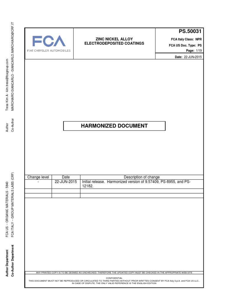 FCA PS 50031 2015 Zincatura Elettrolitica Zinco Nickel PDF 