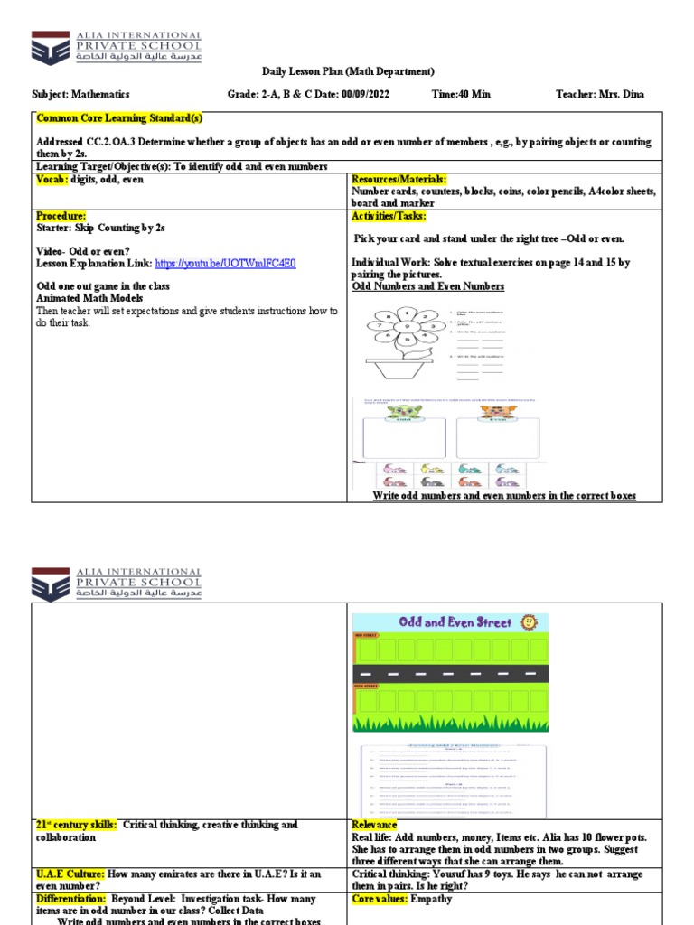 Grade 2 Maths Lesson Plans: Odd/Even Numbers | PDF | Lesson Plan | Learning
