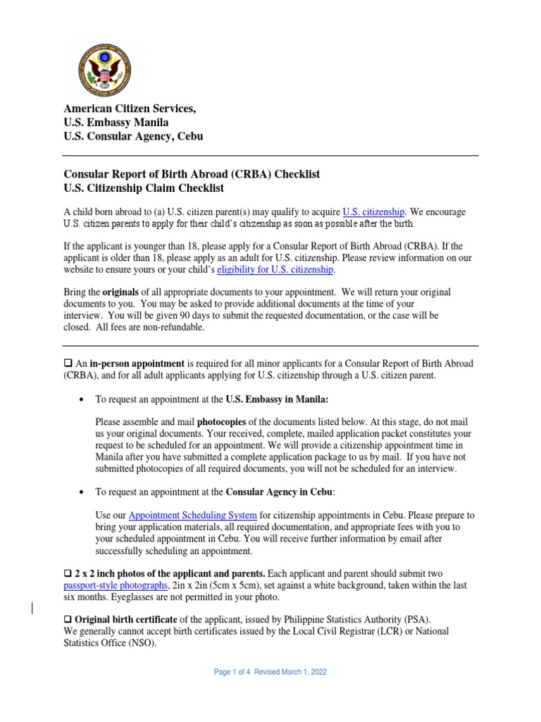 Consular Report of Birth Abroad (CRBA) Checklist U S Citizenship Claim Consular Report of Birth Abroad (CRBA) Checklist U S Citizenship Claim