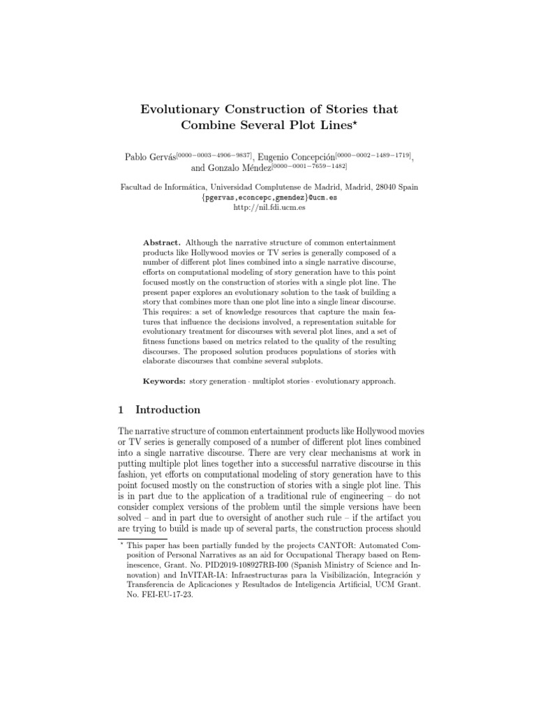 Evolutionary construction of stories that combine several plot lines