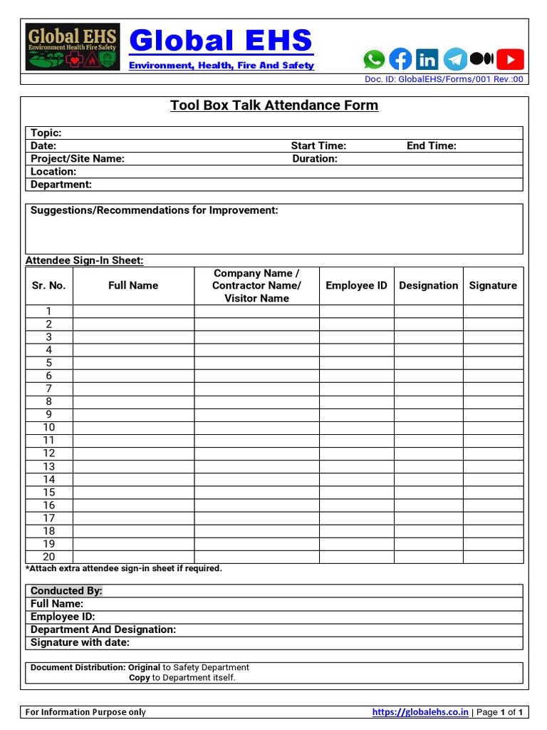 Tool Box Talk Attendance Form Global EHS Forms 001 PDF