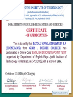 Vidya Jyothi Institute English Dept Quiz Certificate