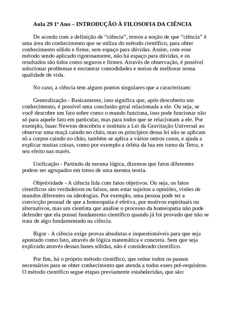 Filosofia - 1º Ano Aula 29 - INTRODUÇÃO À FILOSOFIA DA CIÊNCIA | PDF ...