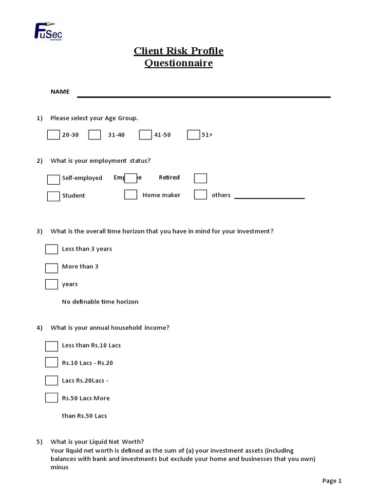 Client Risk Profile Questionaire | PDF | Investing | Banks