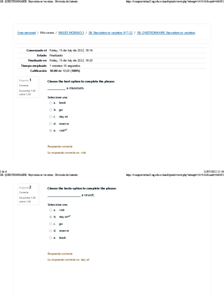 3B. QUESTIONNAIRE Staycation or Vacation. Revisión Del Intento | PDF