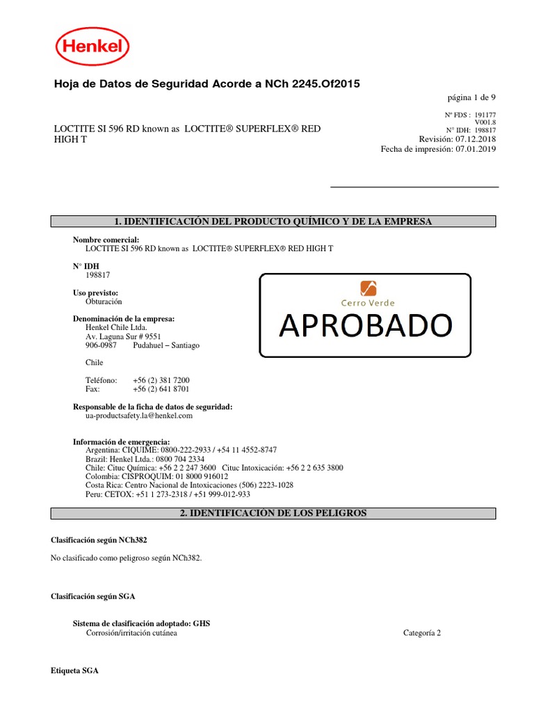 Hoja de Datos de Seguridad Acorde A NCH 2245.of2015: Loctite Si 596 RD ...