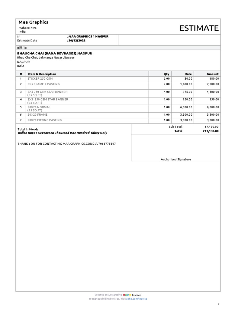 Invoice Estimate for Maa Graphics | PDF