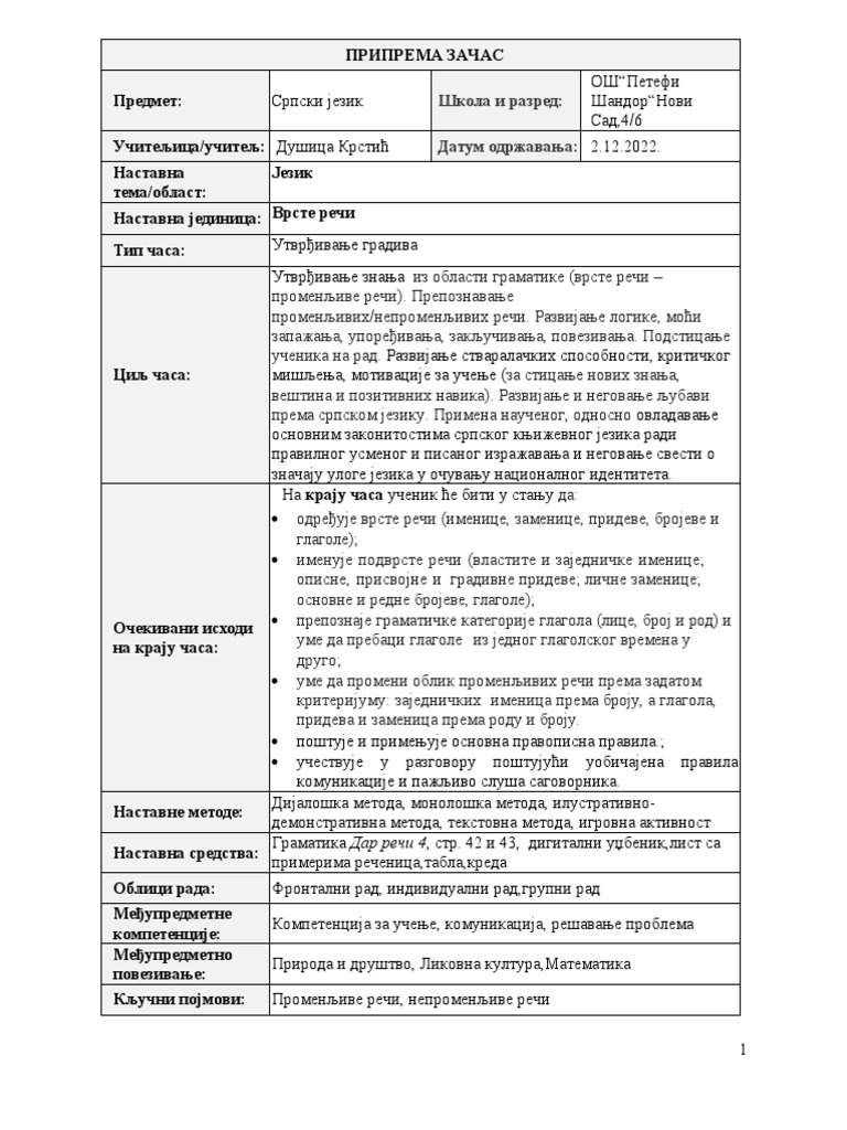 ПРИПРЕМА ЗА ЧАС-ВРСТЕ РЕЧИ (УТВРЂИВАЊЕ)4.Р | PDF