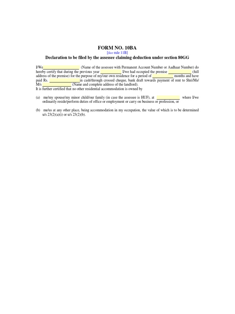 Form 10BA Declaration for Rent Deduction | PDF