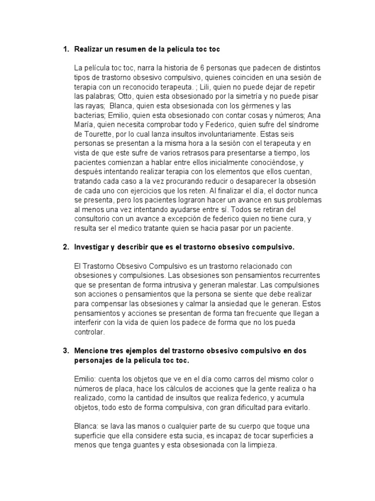 Resumen de la película Toc Toc | PDF | Desorden obsesivo compulsivo ...