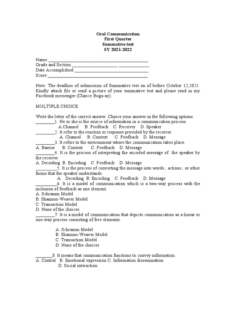 Oral Communication Summative Test 2021 | PDF | Communication ...