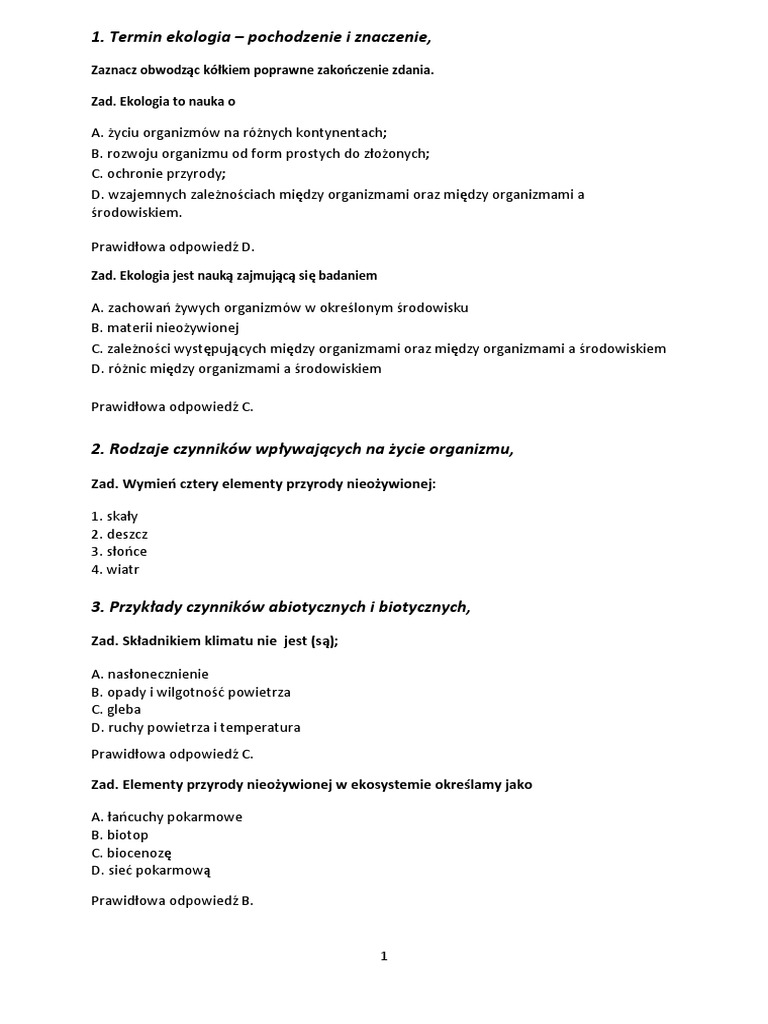 Sprawdzian Ekologia Klasa 8