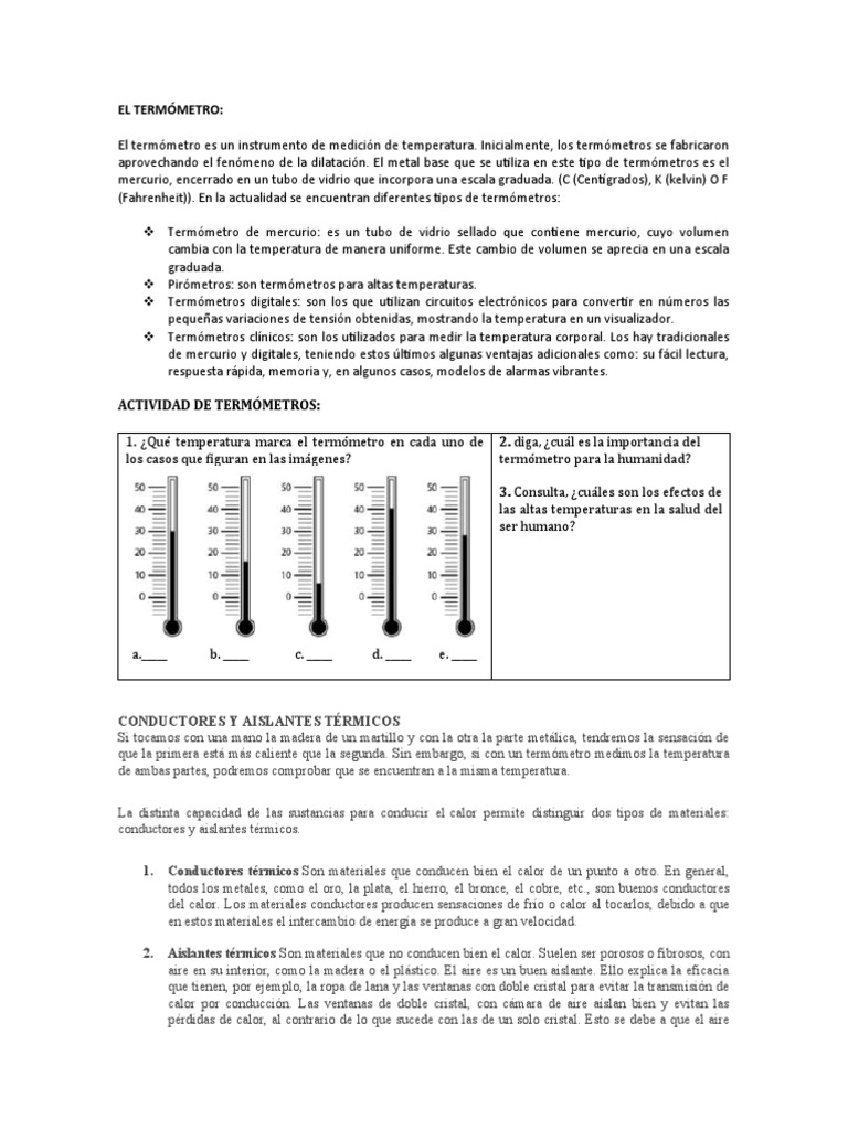El Termómetro, Aislantes y Conductores Térmicos para Imprimir | PDF ...