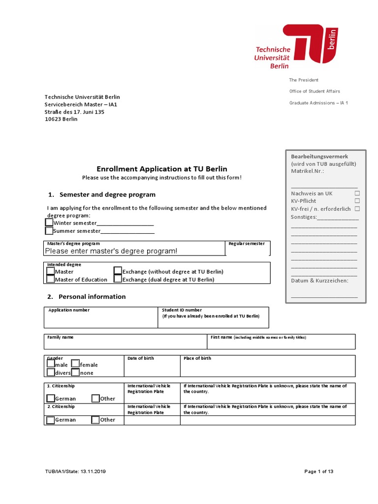 TU Berlin Enrollment Application Form | PDF | Academic Degree ...