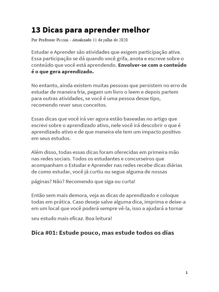 Dicas para Aprendizado Ativo Eficaz | PDF | Aprendizado | Transtorno de ...