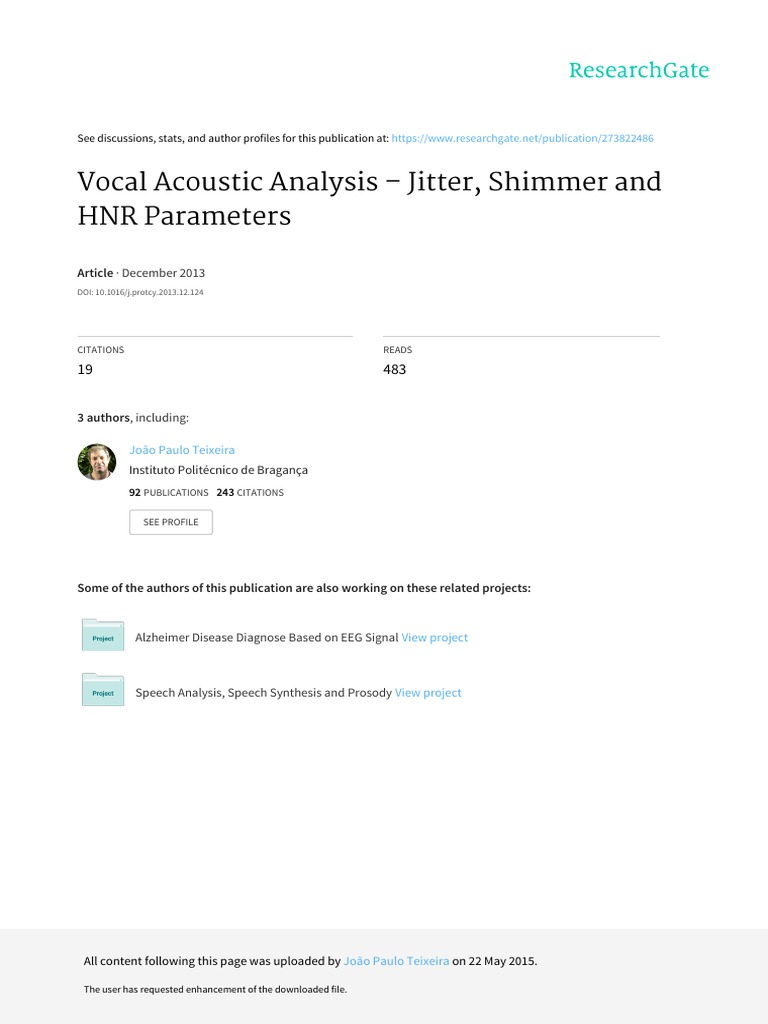 Vocal Acoustic Analysis Jitter Shimmer and HNR P PDF Human Voice