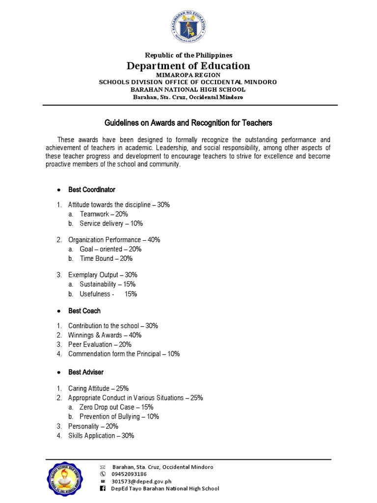 Guidelines On Awards and Recognition For Teachers | PDF
