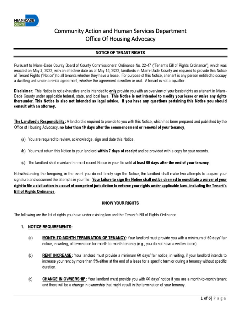 Miami-Dade Tenant Rights Notice | PDF | Leasehold Estate | Landlord
