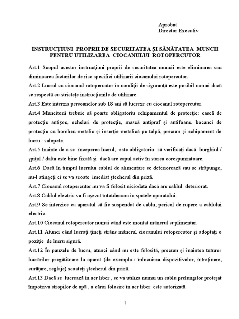 Instructiuni Proprii SSM - Ciocan Rotopercutor | PDF