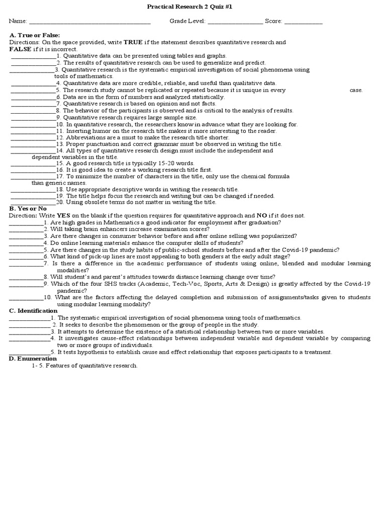 Practical Research 2 Quiz Overview | PDF | Quantitative Research | Data
