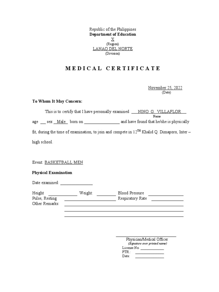 Medical Certificate for Basketball Participation | PDF