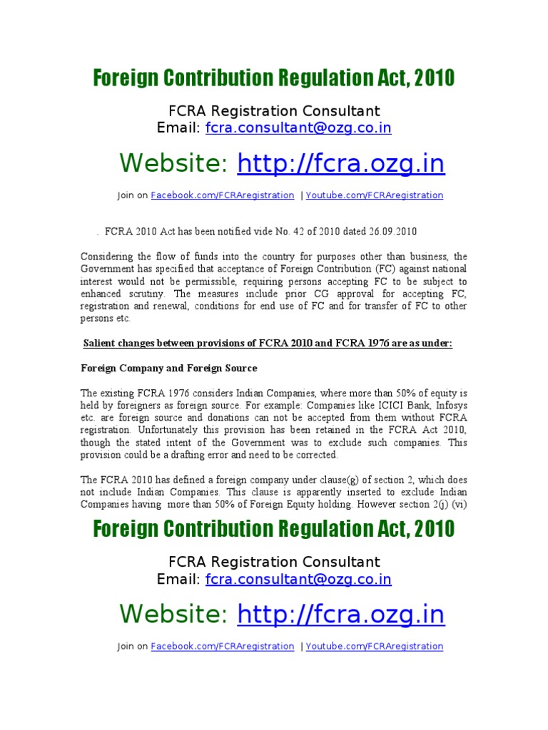Foreign contribution regulation act fcra 2010 email fcra