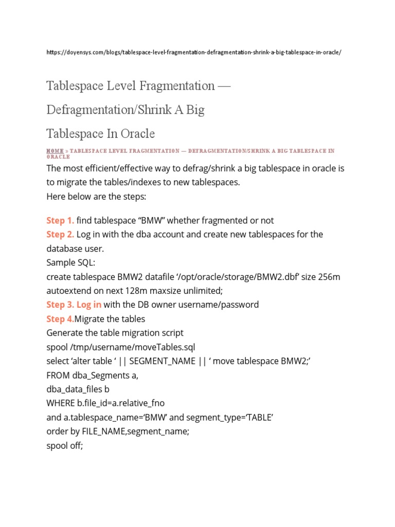 Defragmentation Shrink A Big Tablespace PDF