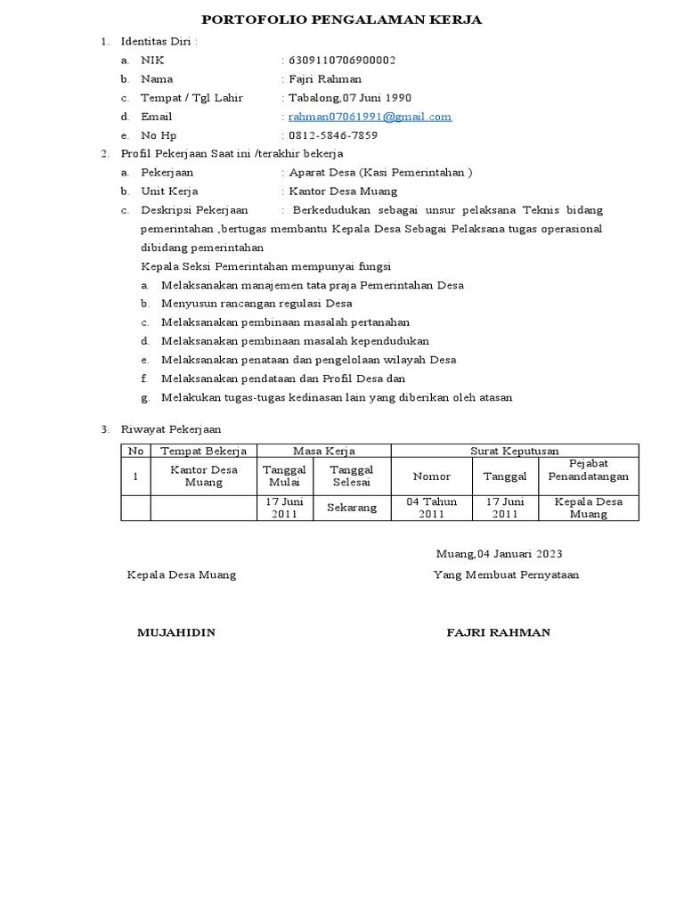 Portofolio pengalaman kerja pdf