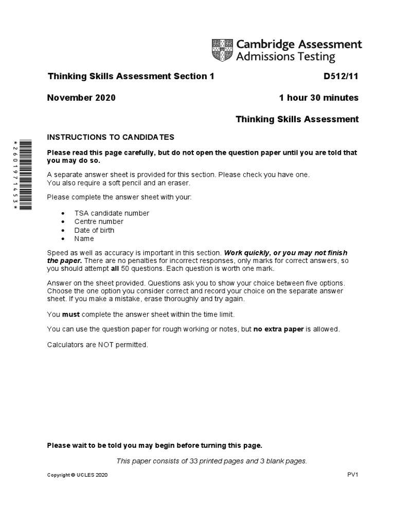Oxford TSA (Thinking Skills Assessment) 2020 - Section 1 | PDF ...