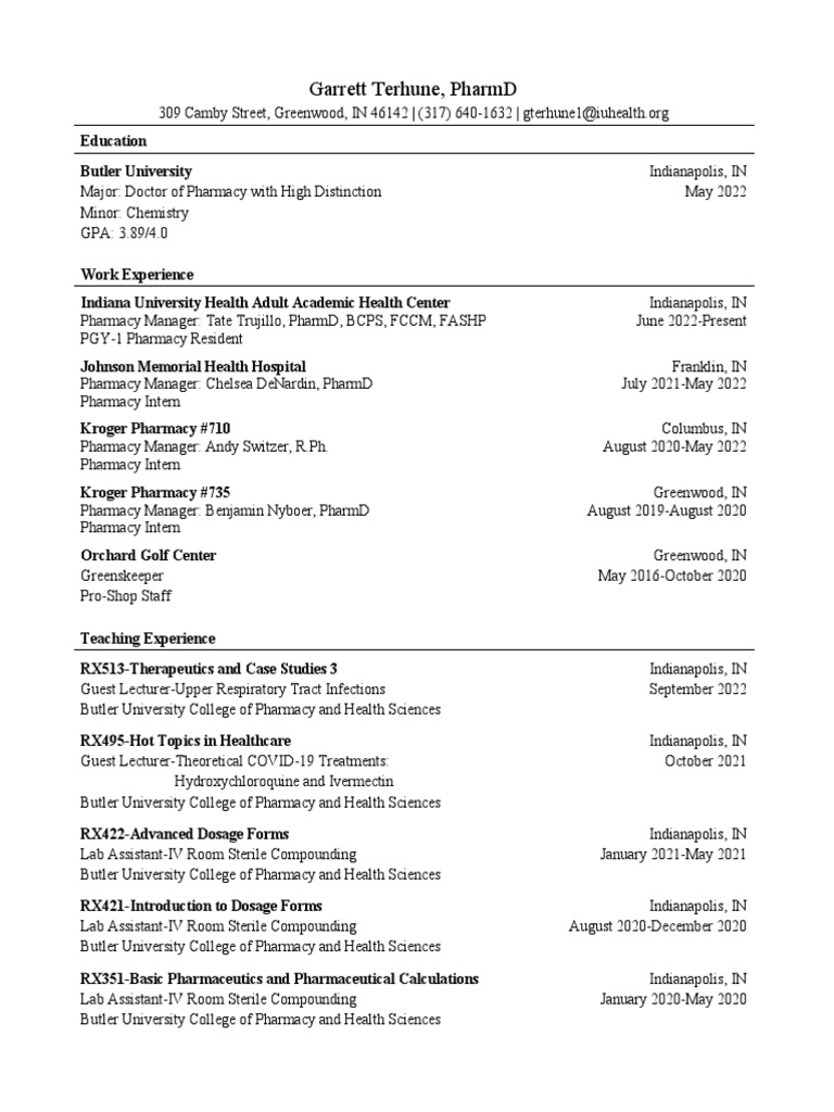 Garrett terhune cv iu health em pdf pharmacy pharmacist