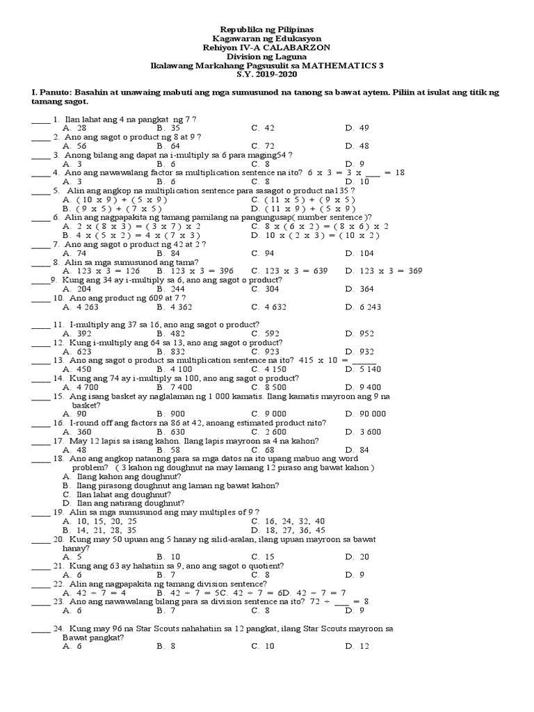 Second Periodical Test in Mathematics 3 | PDF