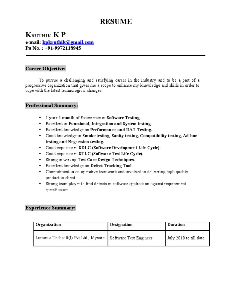 Resume Qtp 1 Year Experience Resume resume kruthik 1year experience in software testing scripting language