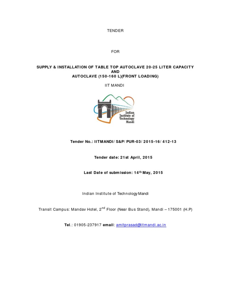 Tender Table Top Autoclave 2025 Liter AP PDF Prices