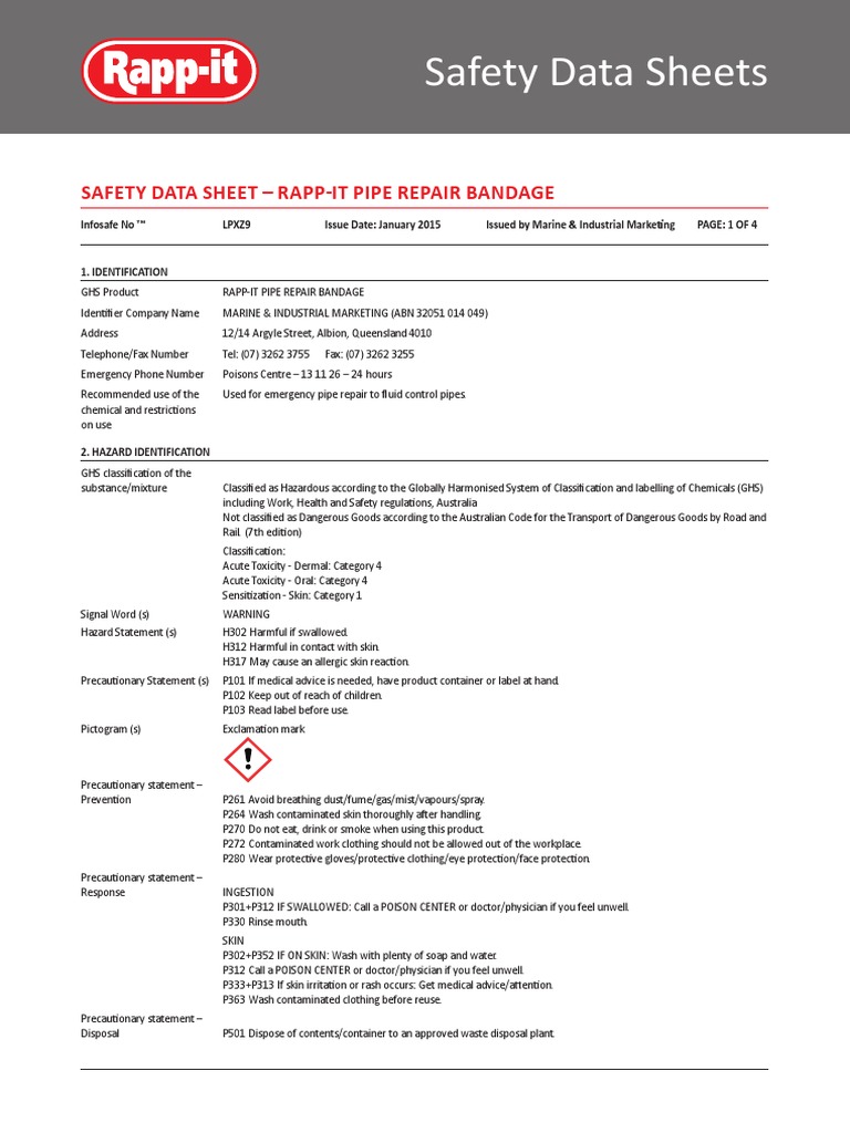 RappIt Bandage & Steel Putty SDS PDF Dangerous Goods Fires