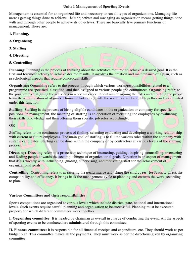 Managing Sporting Events An Overview of the Key Functions and Committees Involved in Planning