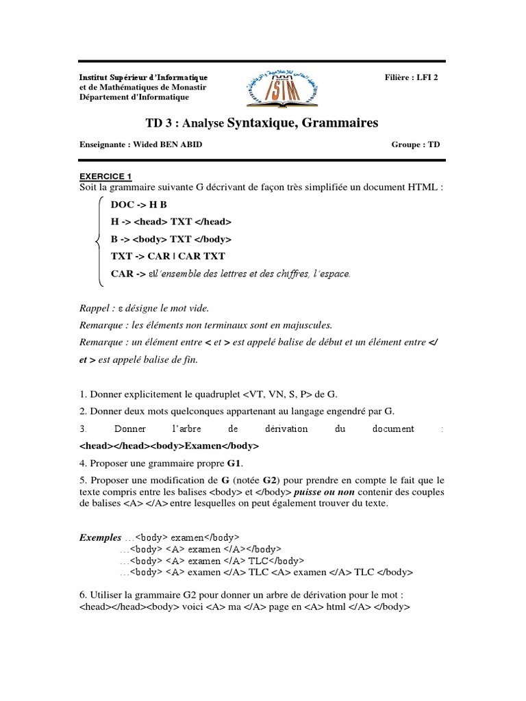Grammaires et Analyse Syntaxique en TD | PDF | Langage de balisage ...