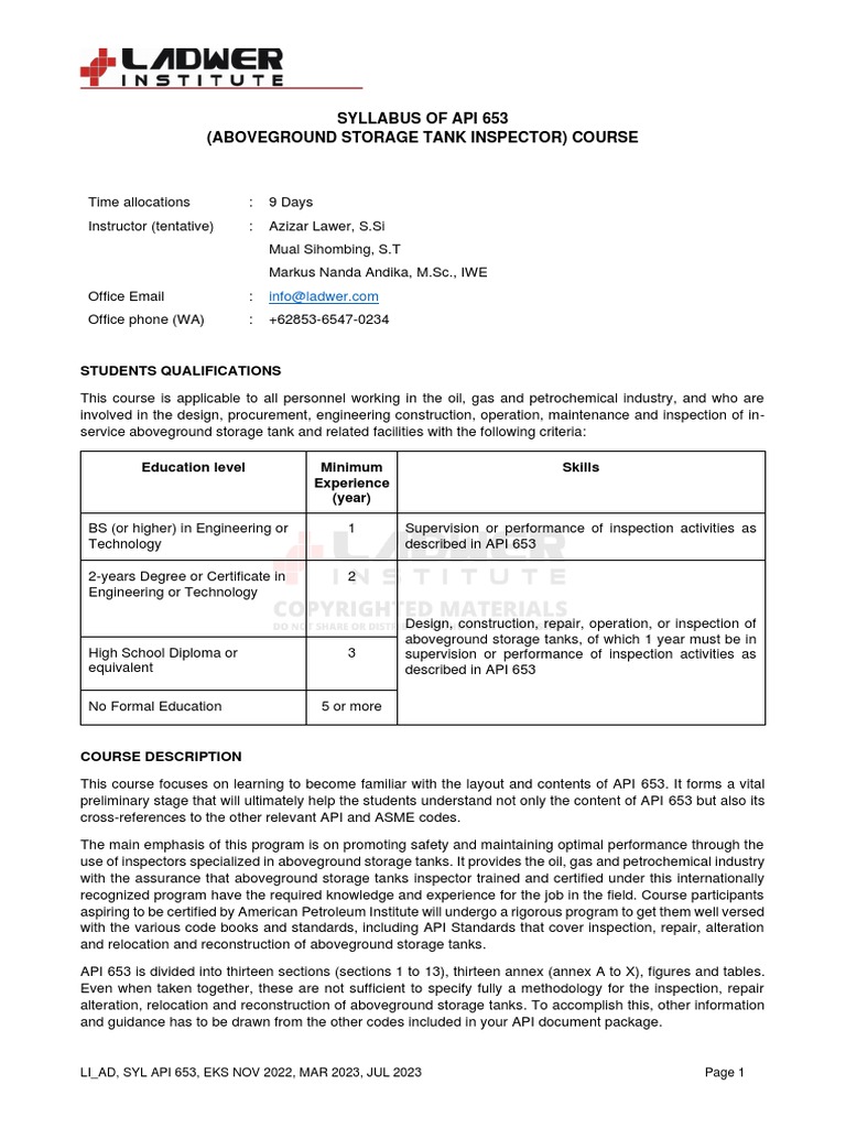Syllabus of API 653 - Des2022 | PDF | Nondestructive Testing ...