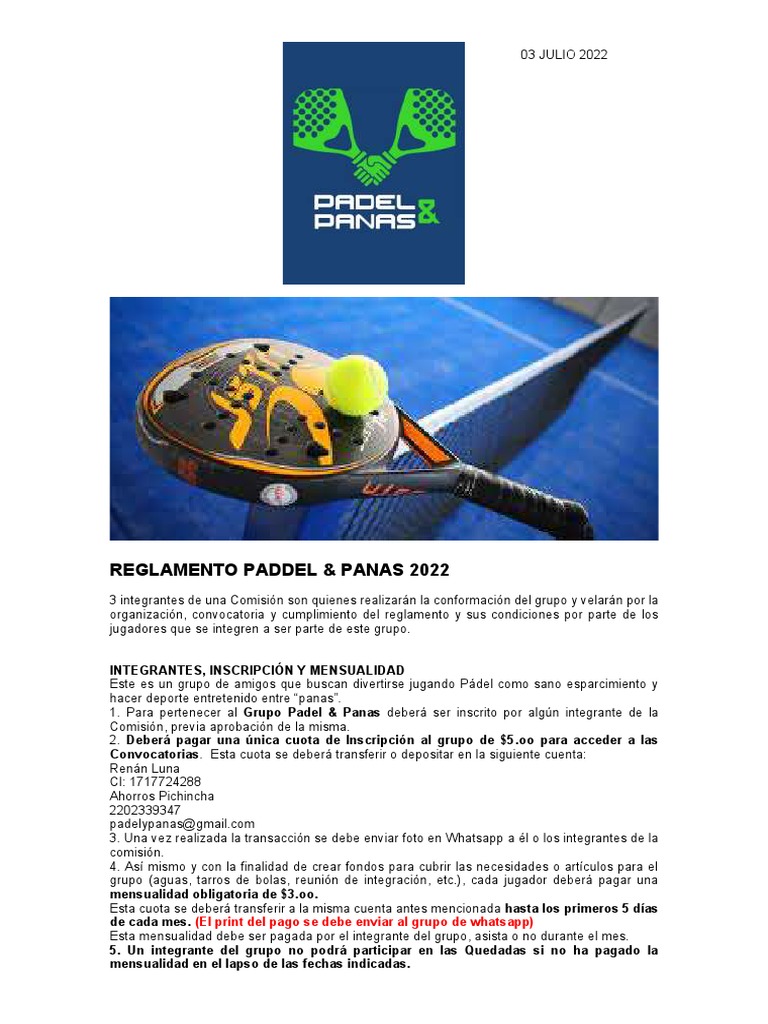 Reglamento Padel Grupo Padel y Panas 03072022 | PDF