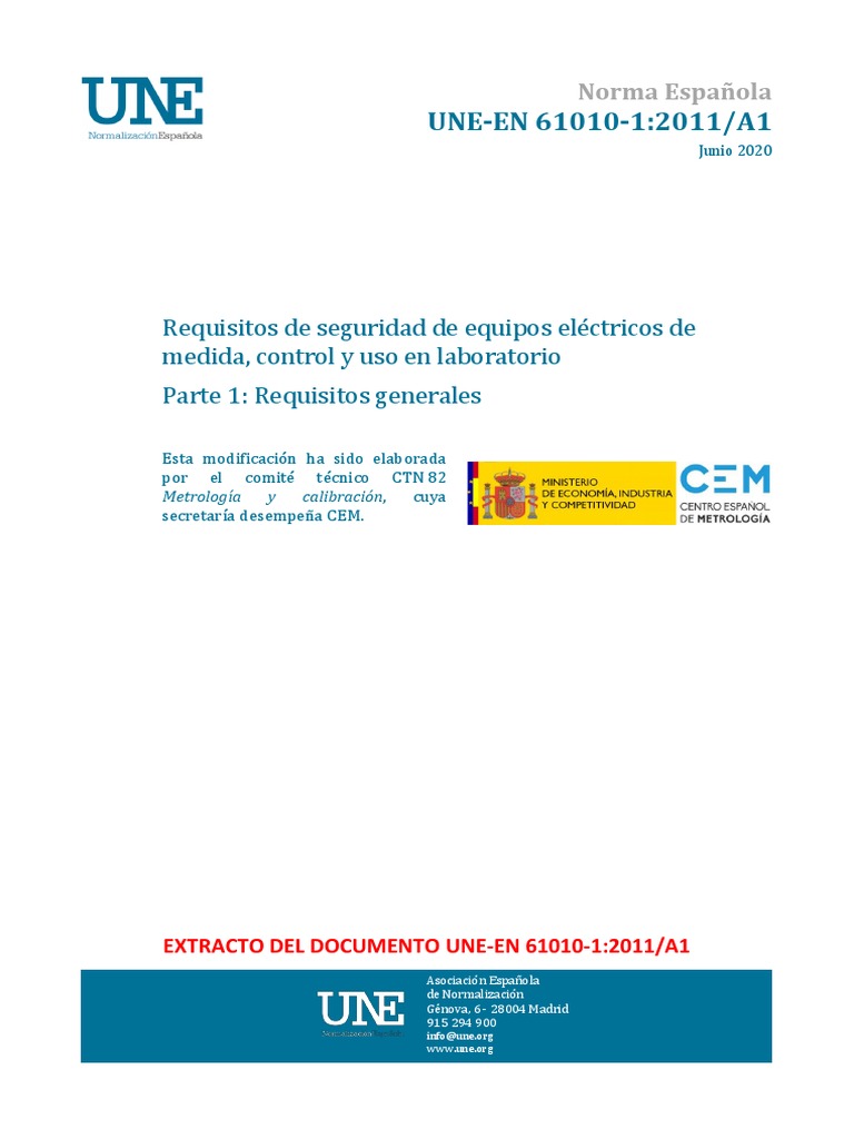 (Ex) Une en - 61010 1 2011 (A1 2020 | PDF | Electricidad | Ingenieria ...