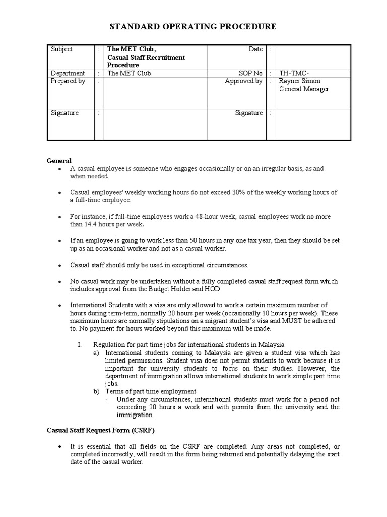 Casual Labor SOP PDF Employment Working Time